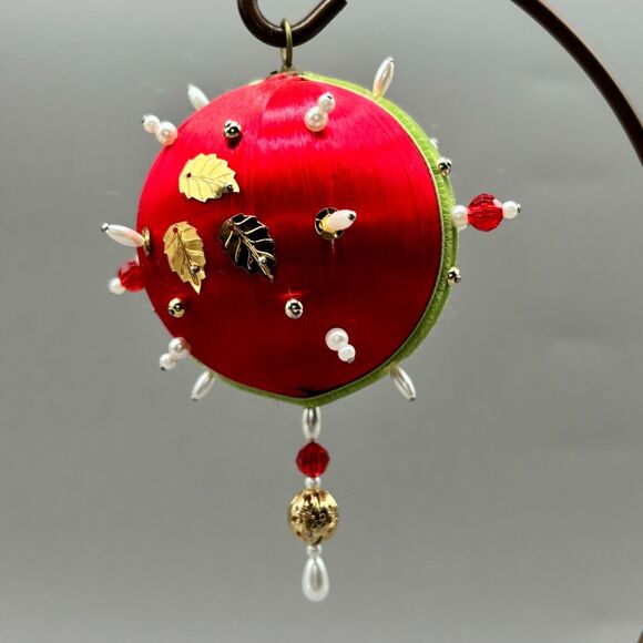 Vintage Handmade Push Pin Christmas Ornament Red Satin Gold Sequin Beaded White - Picture 5 of 6